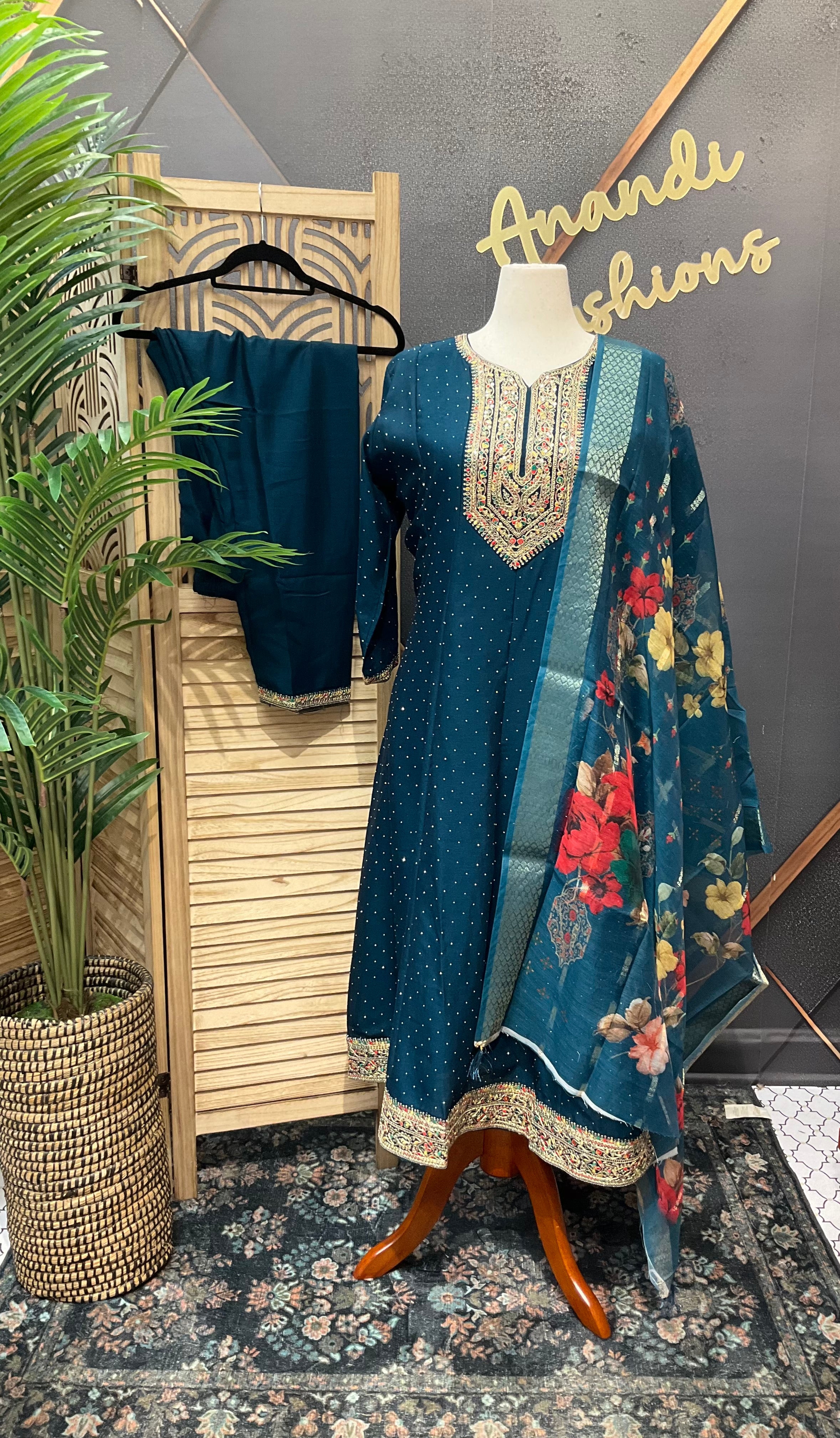 Plus Size - Teal Blue Color Anarkali Kurti set