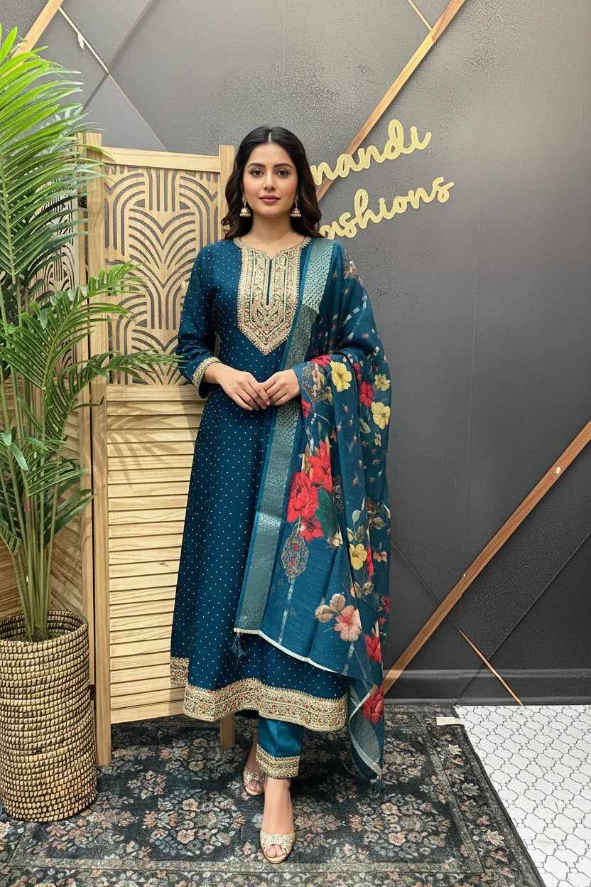 Woman in blue embroidered Indian ethnic wear with floral dupatta standing indoors at Anandi Fashions boutique