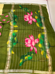 Mangalagiri Silk Digital Print Lotus Saree with stitched Blouse