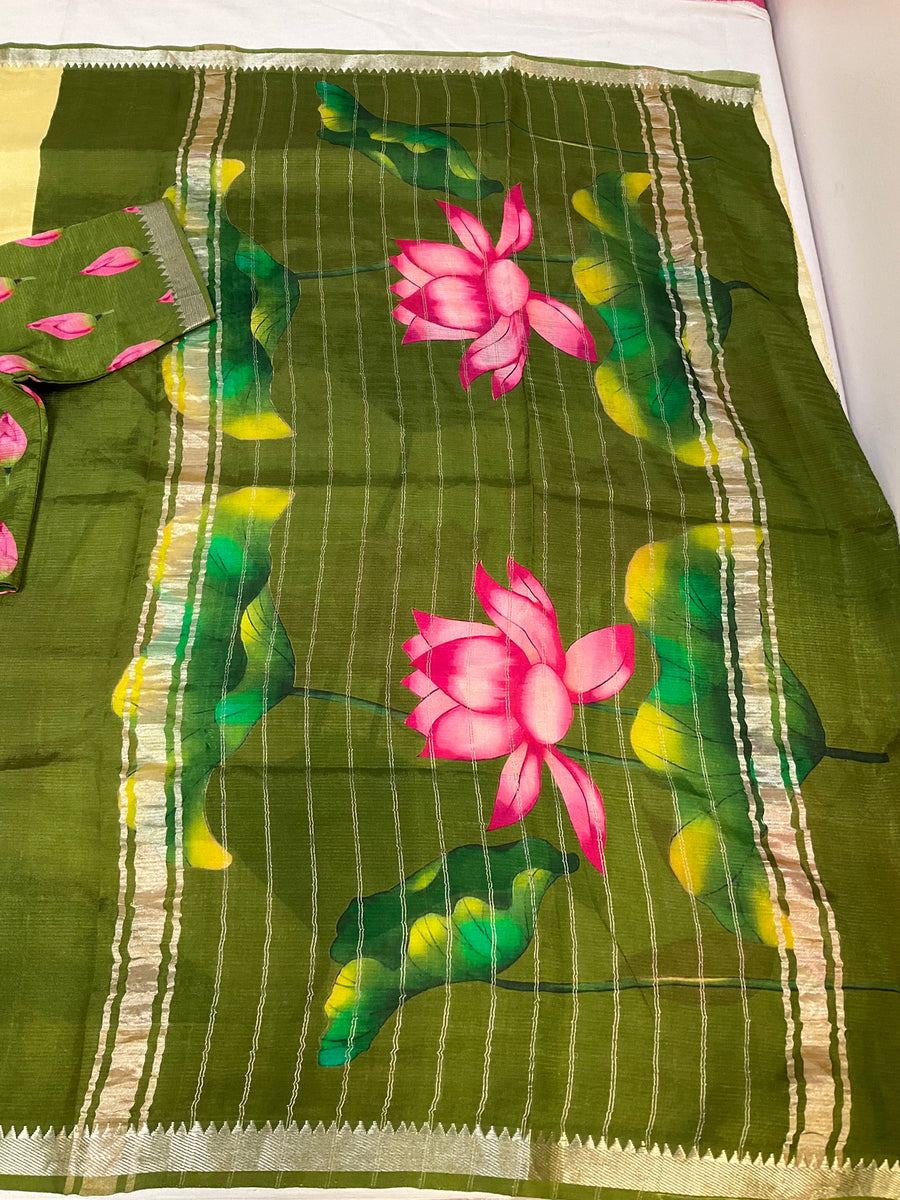 Mangalagiri Silk Digital Print Lotus Saree with stitched Blouse