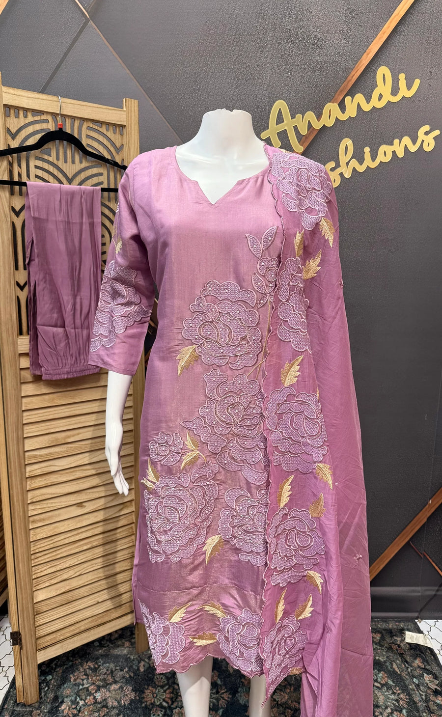 Lavender Party Wear Tissue Kurti Set - Machine Embroidery