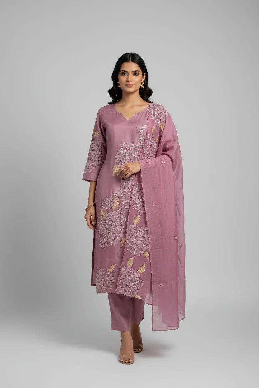 Woman wearing a purple Indian ethnic suit with floral embroidery and matching dupatta, posing in studio