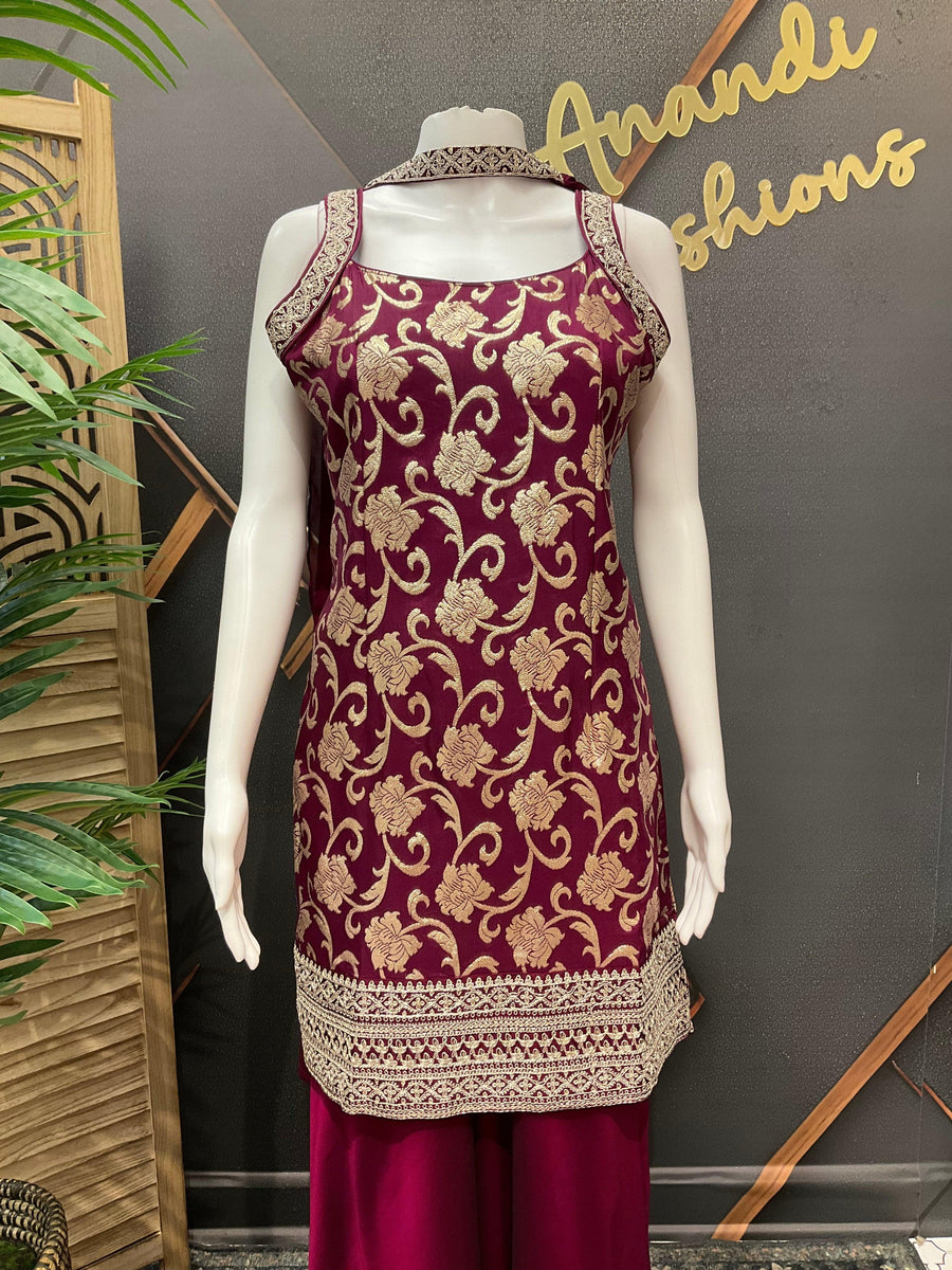 Semi Benarasi Satin Silk Sharara Set - Party Wear