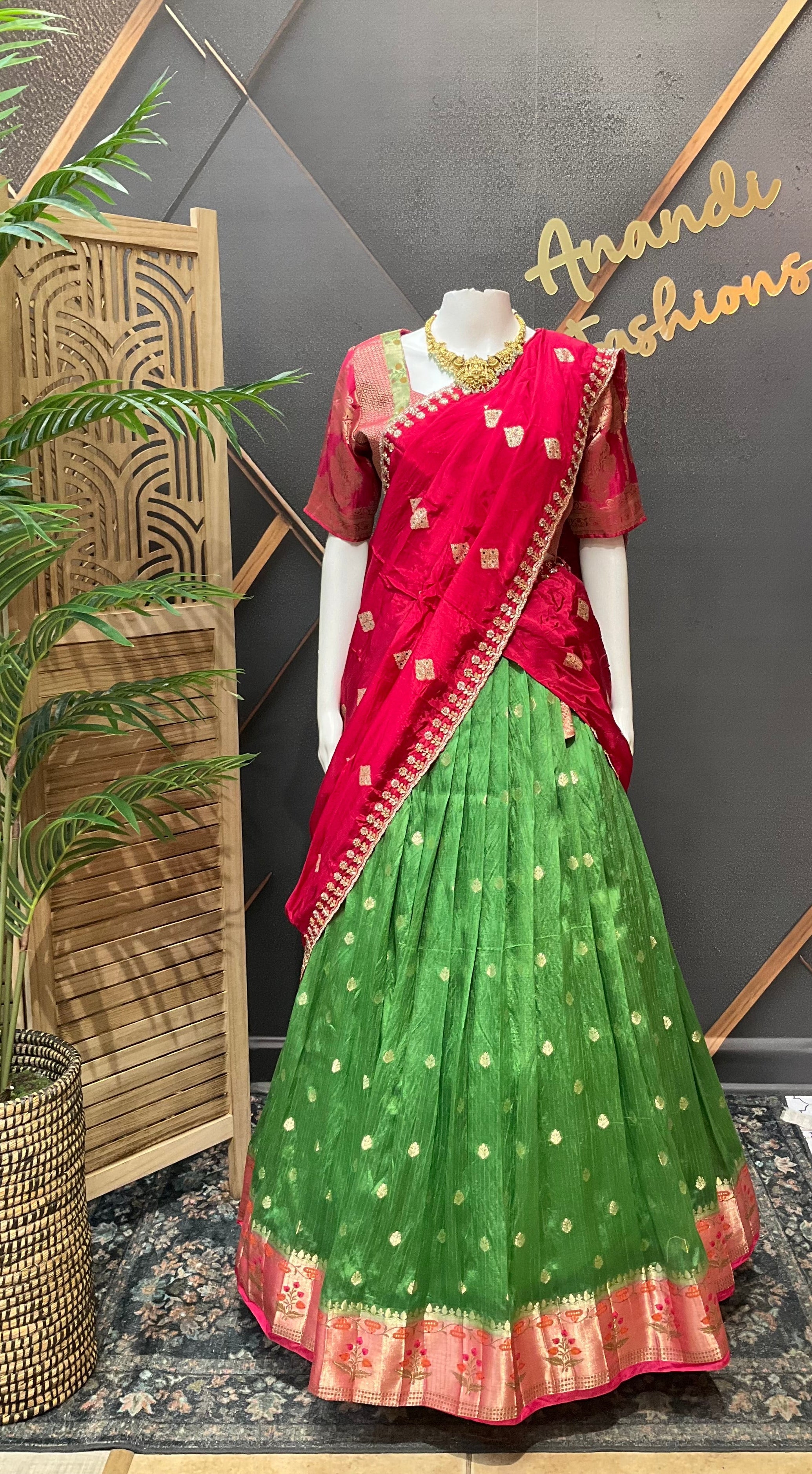 Adults Green & Pink Benarasi Half Saree/Lehenga set