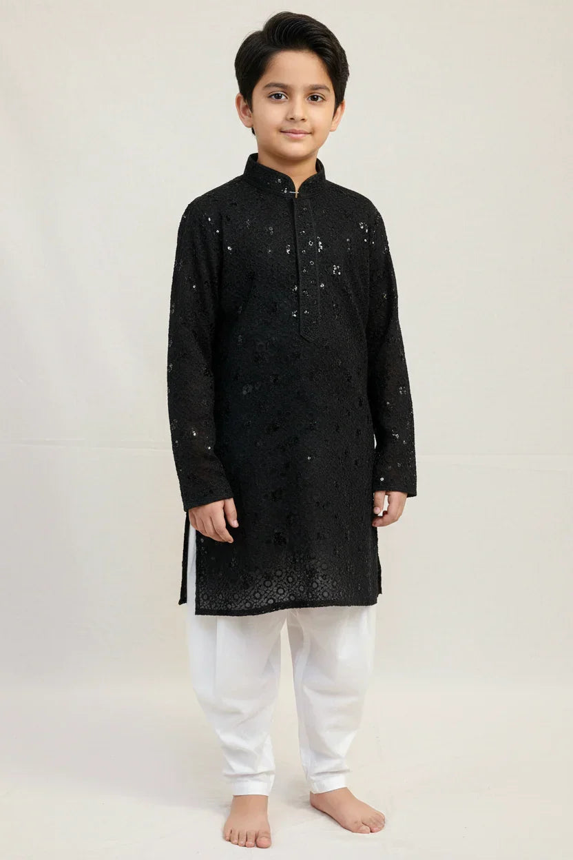 Boys Black Sequence Kurta Set - Premium Embroidered Ethnic Wear