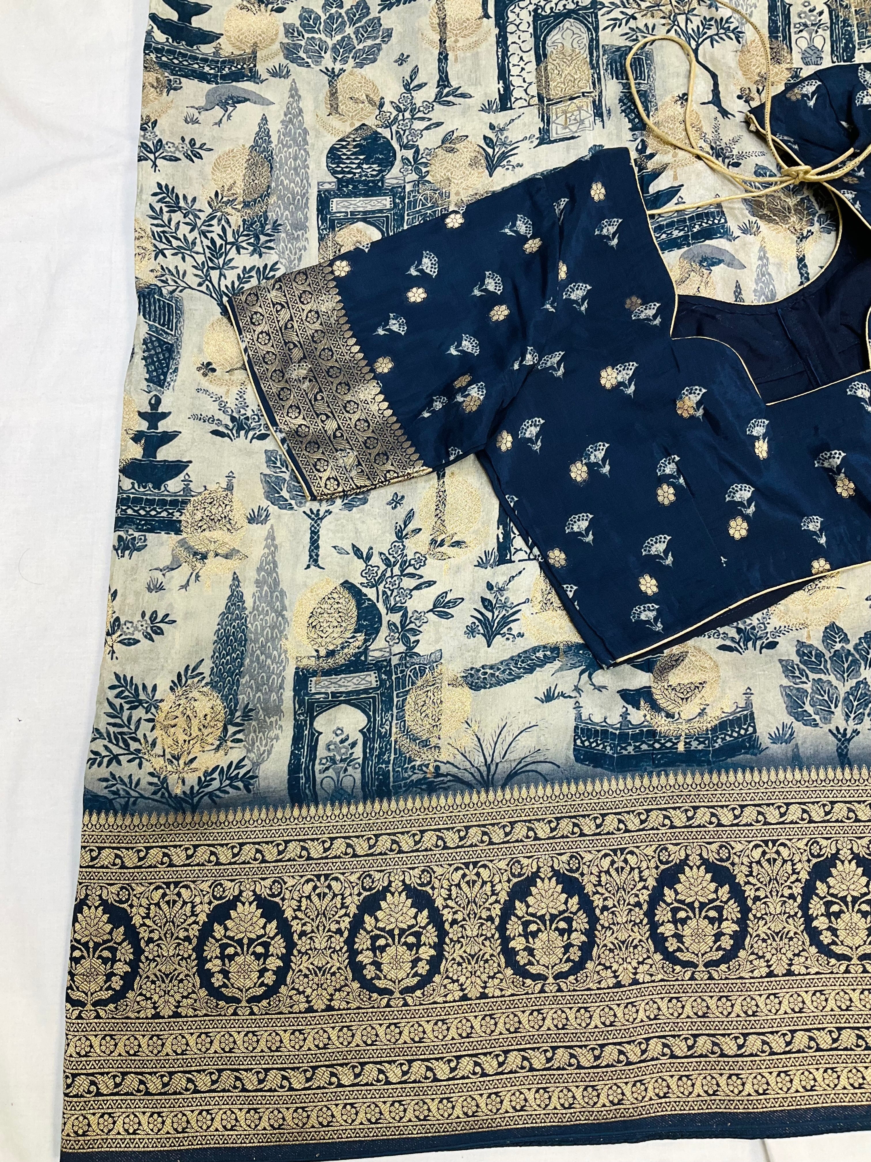 Unique Designer Russian Silk Saree with Stitched blouse - fall pico done