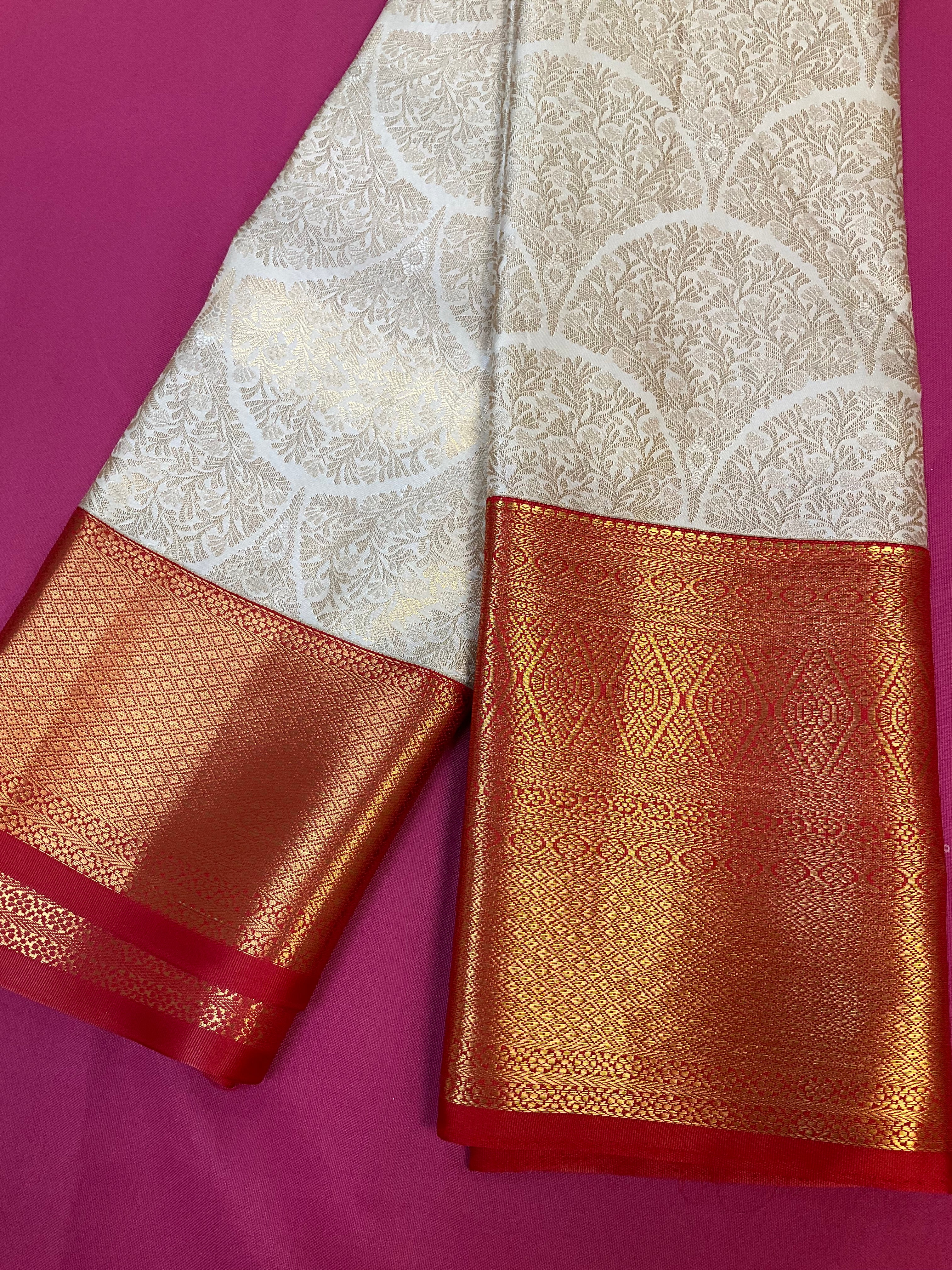 Half White & Red - Semi Silk Kanjeevaram Saree