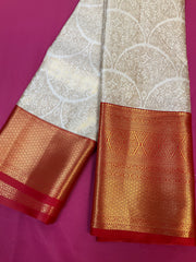 Off White & Red Semi Silk Kanjeevaram Saree