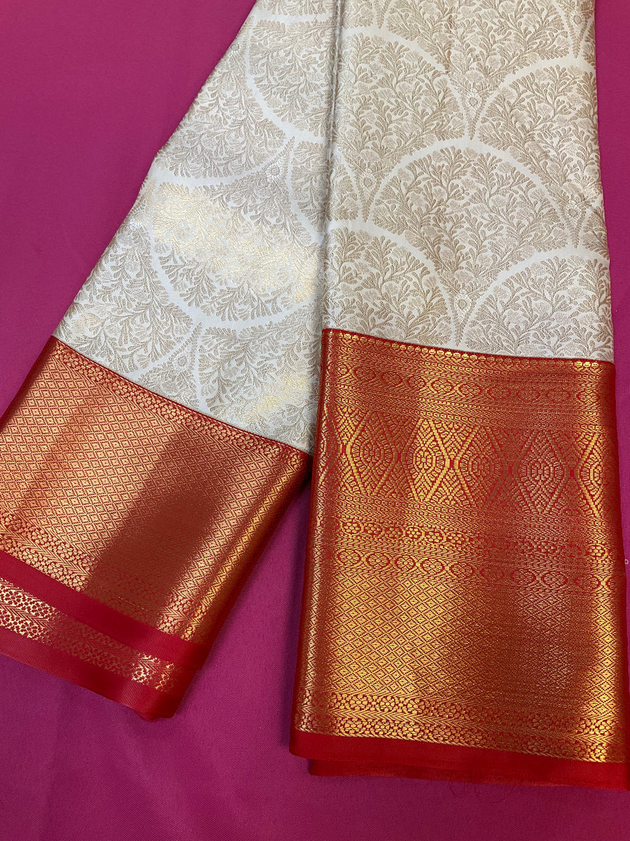 Off White & Red Semi Silk Kanjeevaram Saree