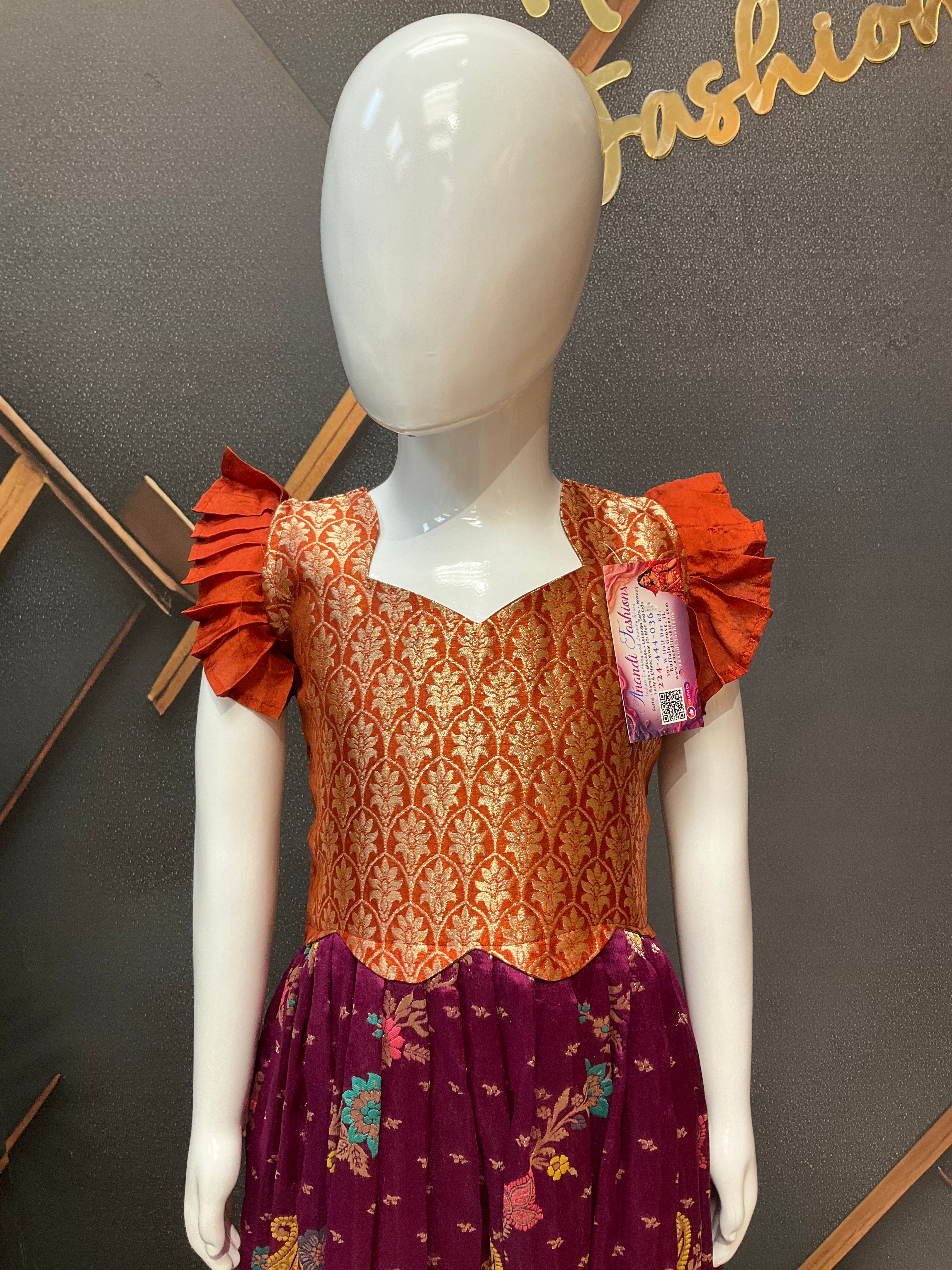 Wine & Orange color Little Girls Benarasi Long dress