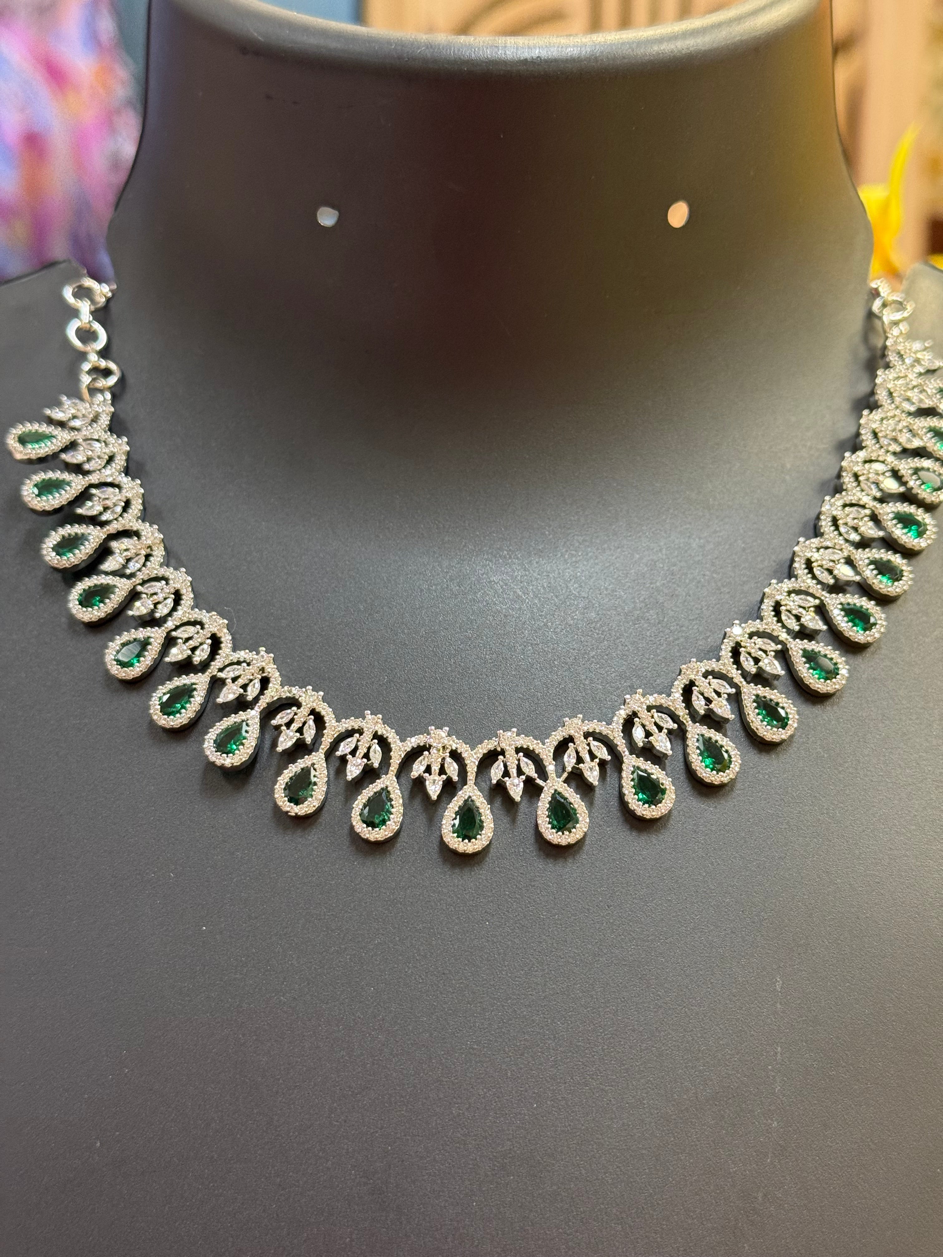 Silver Finish CZ Necklace set with Emerald Stones