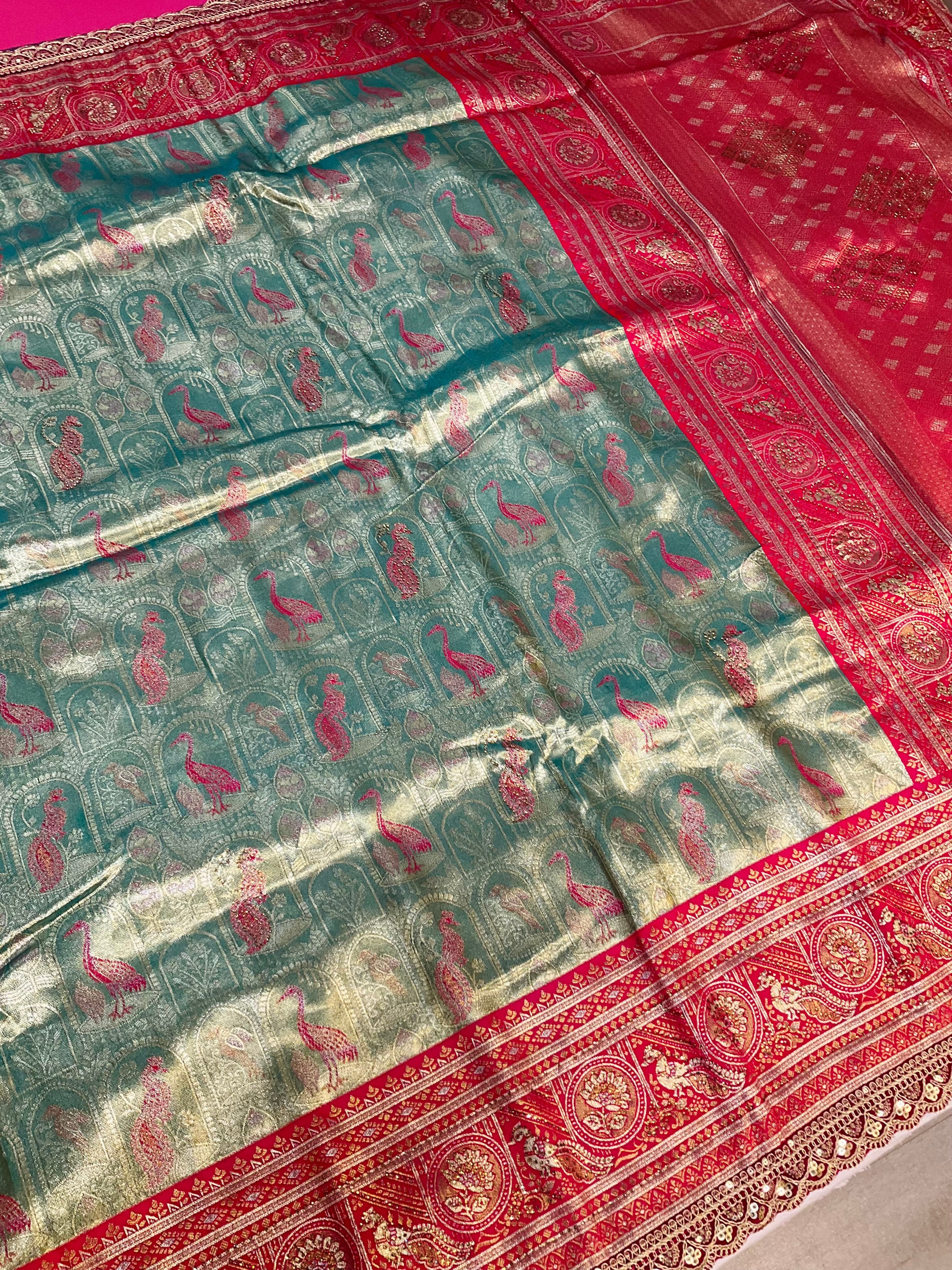 Women's Sea Green Silk Saree with Red Border