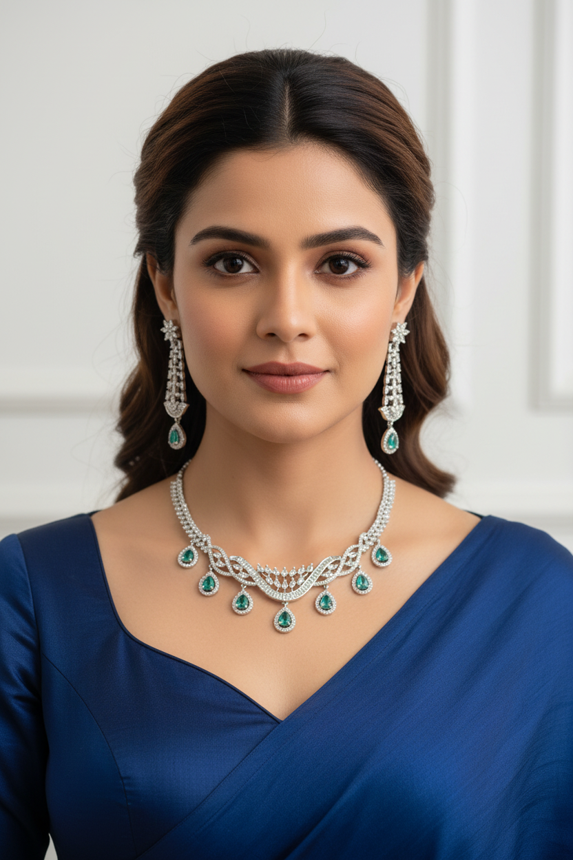 Indian woman in blue ethnic wear with diamond and emerald necklace and matching earrings