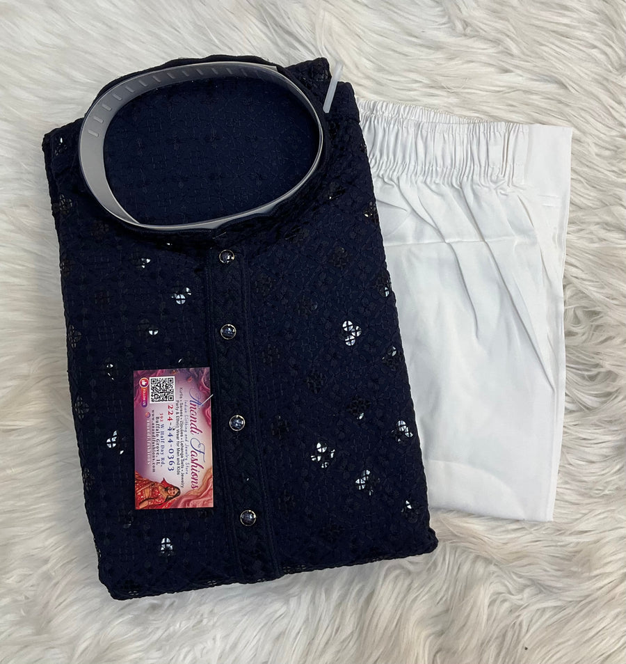 Navy Blue Chikankari Mens kurta set