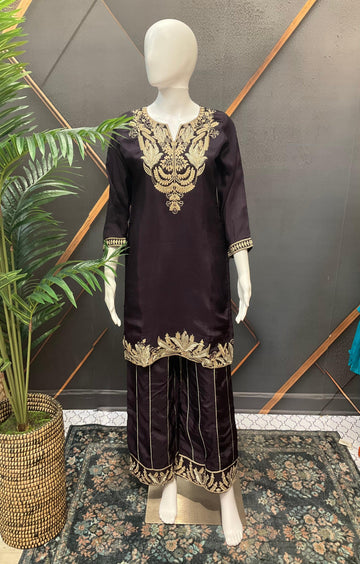 Plum Color Party Wear Palazzo Set - Gold Zari Work