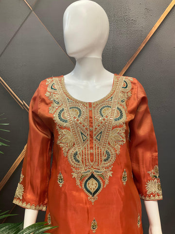 Rust Color Party Wear Shimmery Palazzo Set - Embroidery Work