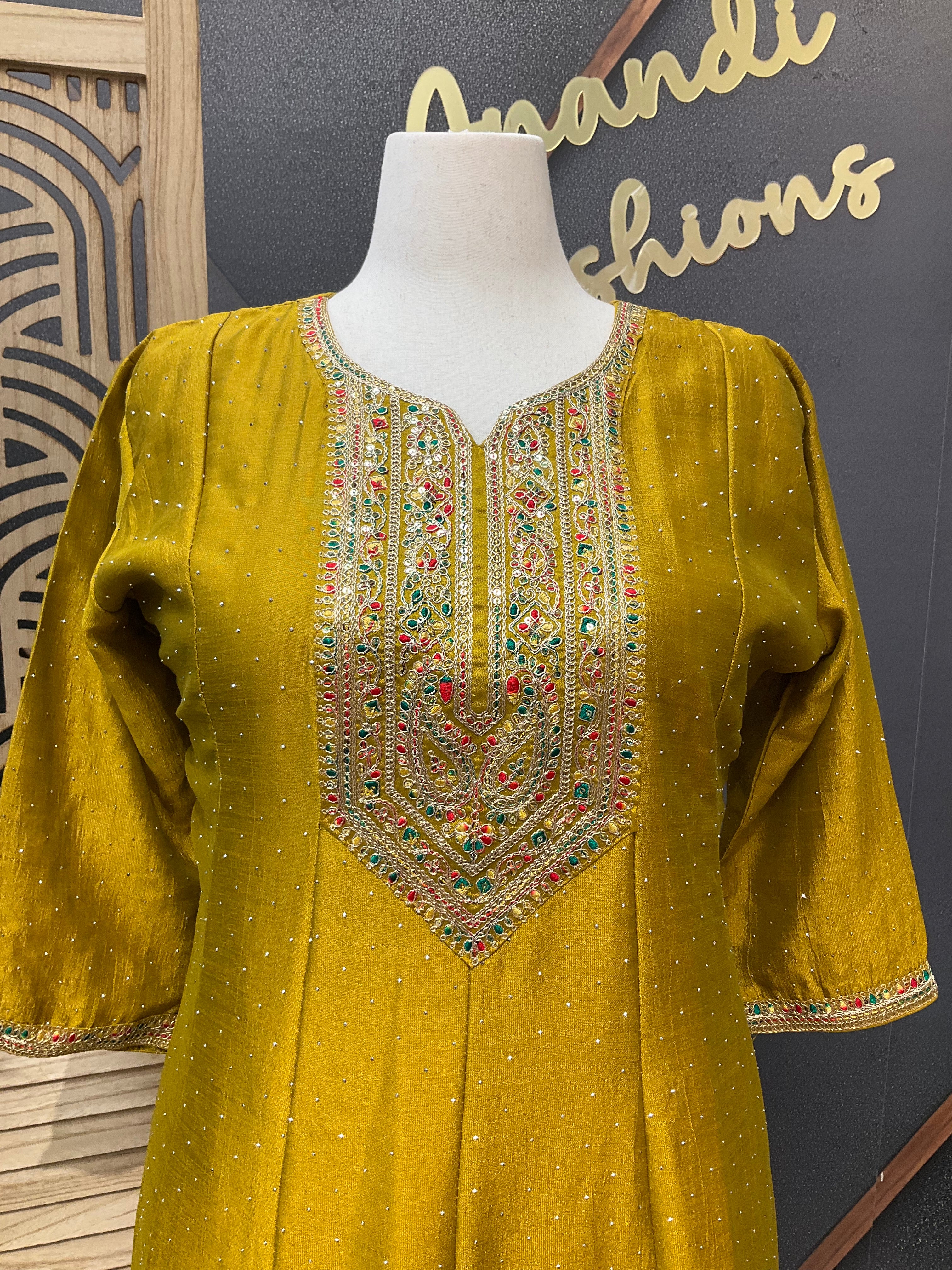 Plus Size - Mustard Yellow Color Anarkali Kurti set- Size 46