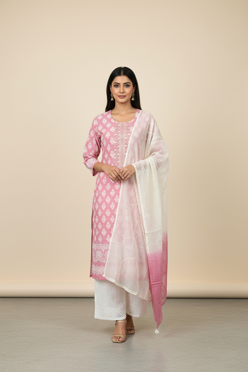 Light Pink -Cotton Chikankari Kurti set