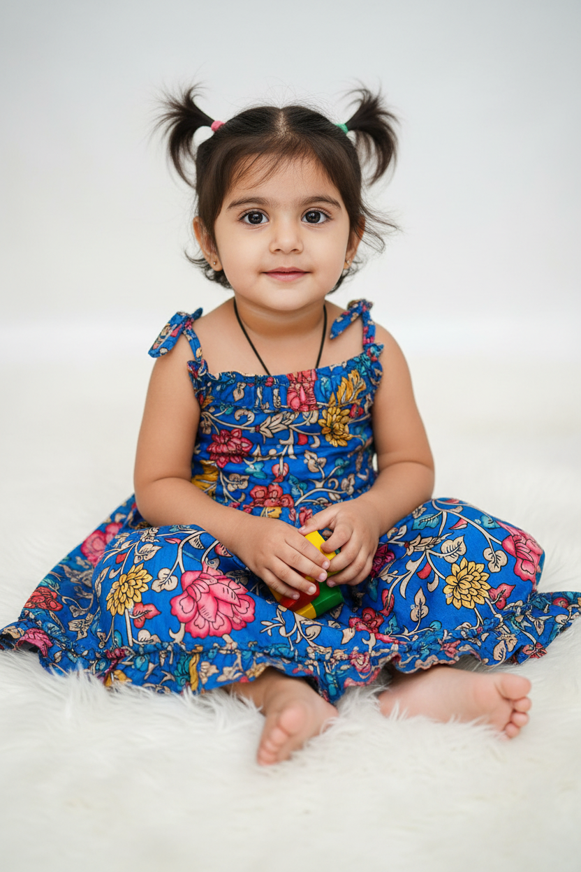 Girls’ Royal Blue Kalamkari Frock - Girls - Ethnic Wear - Anandi Fashions