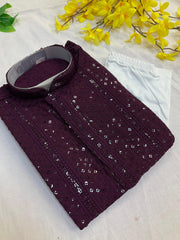 Wine Boys Chikankari Kurta Set with Sequence Embroidery