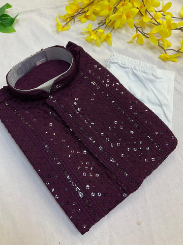 Wine Boys Chikankari Kurta Set with Sequence Embroidery