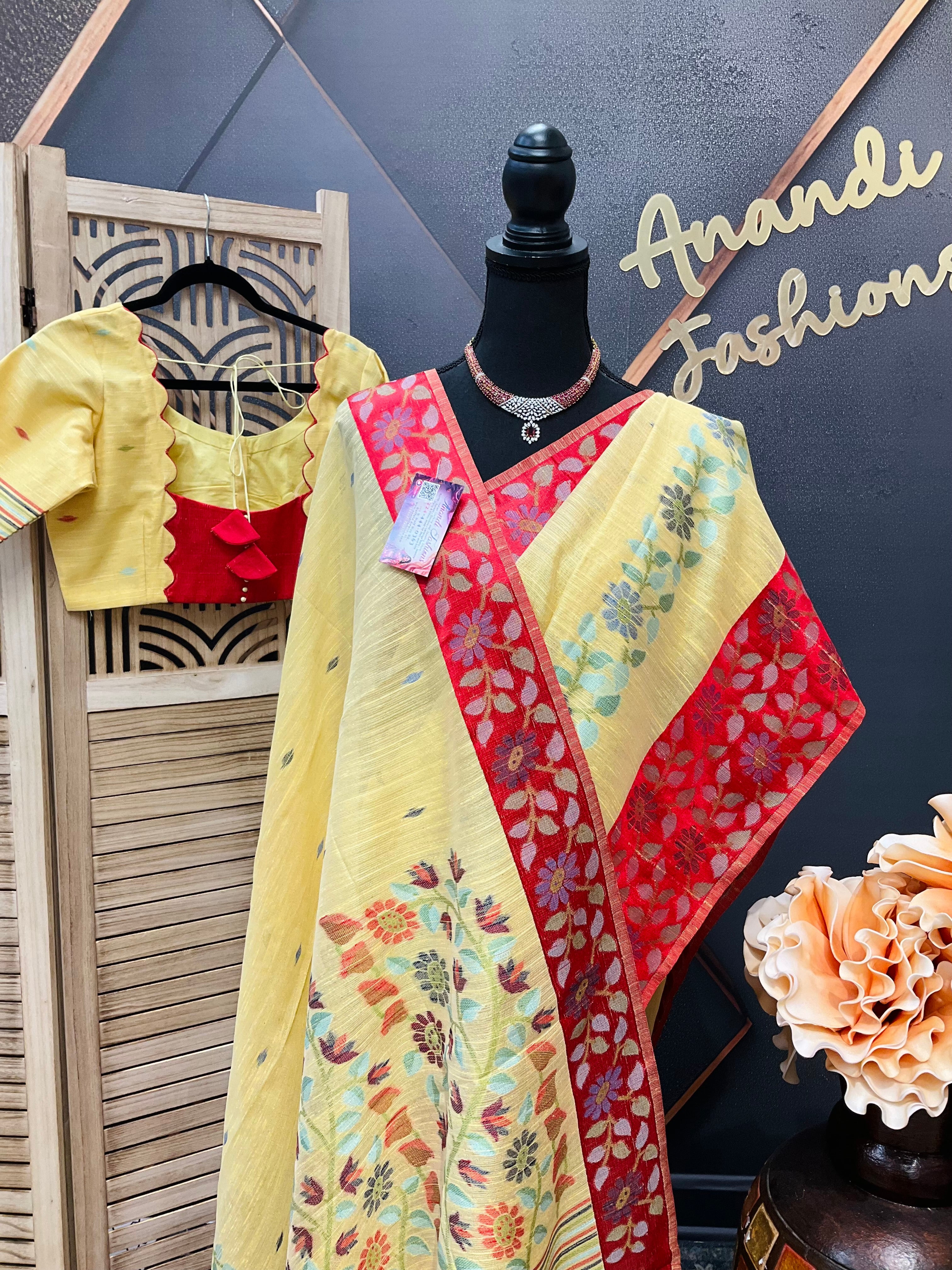 Yellow-Lenin Jamdhani saree with Stitched blouse-fall pico done