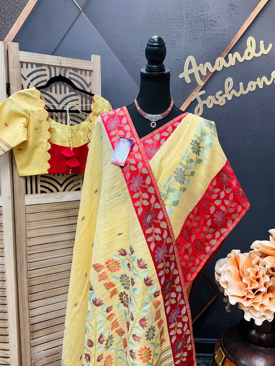 Yellow-Lenin Jamdhani saree with Stitched blouse