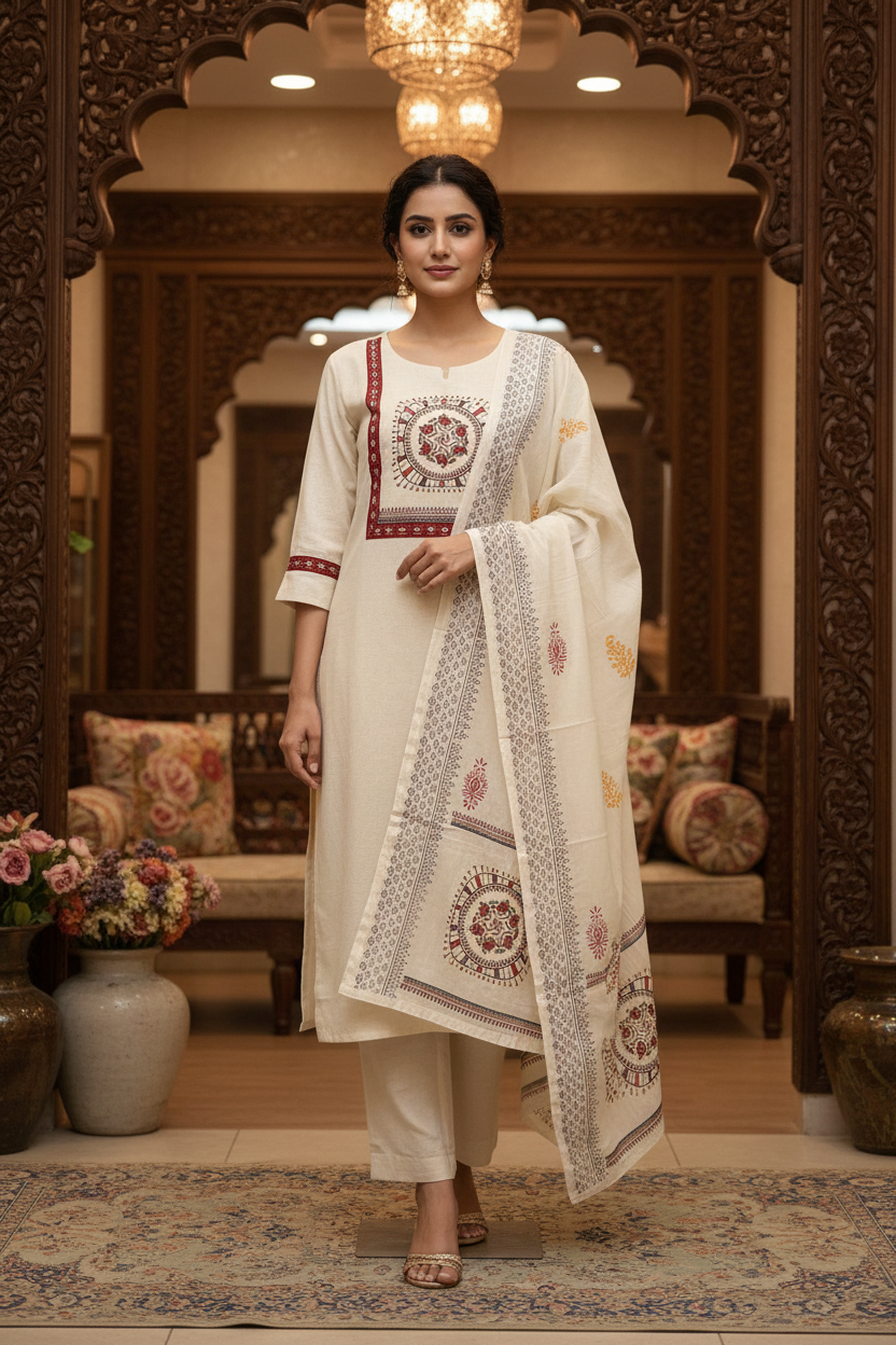 Plus Size Half White Kadhi Kurti set
