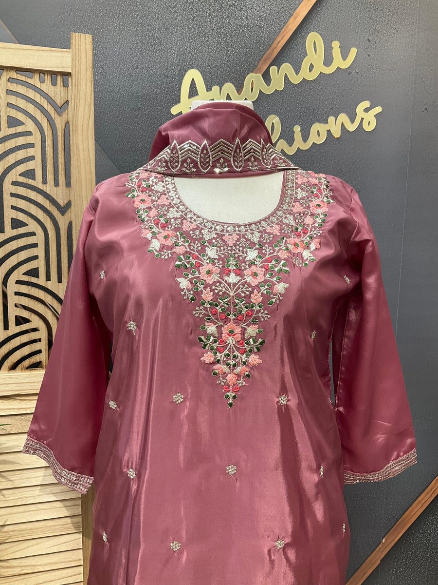 Plus Size Onion Pink Party Wear Kurti Set - H O Silk with Embroidery