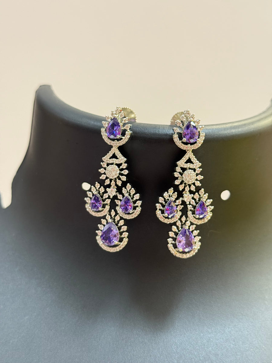 Silver Finish Party Wear CZ Necklace set with Purple Stone