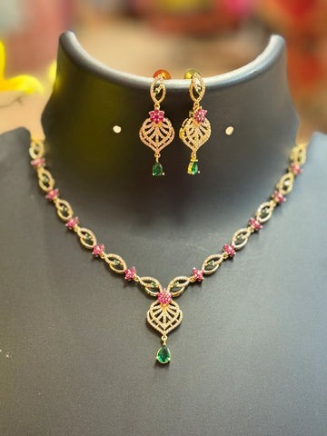 Light Weight CZ Party Wear Multistone Necklace Set - Multicolor Stones