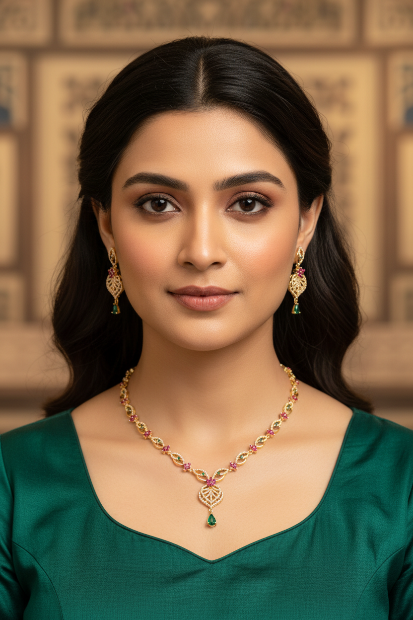 Indian woman in green ethnic wear with gold and gemstone necklace and matching earrings in elegant setting
