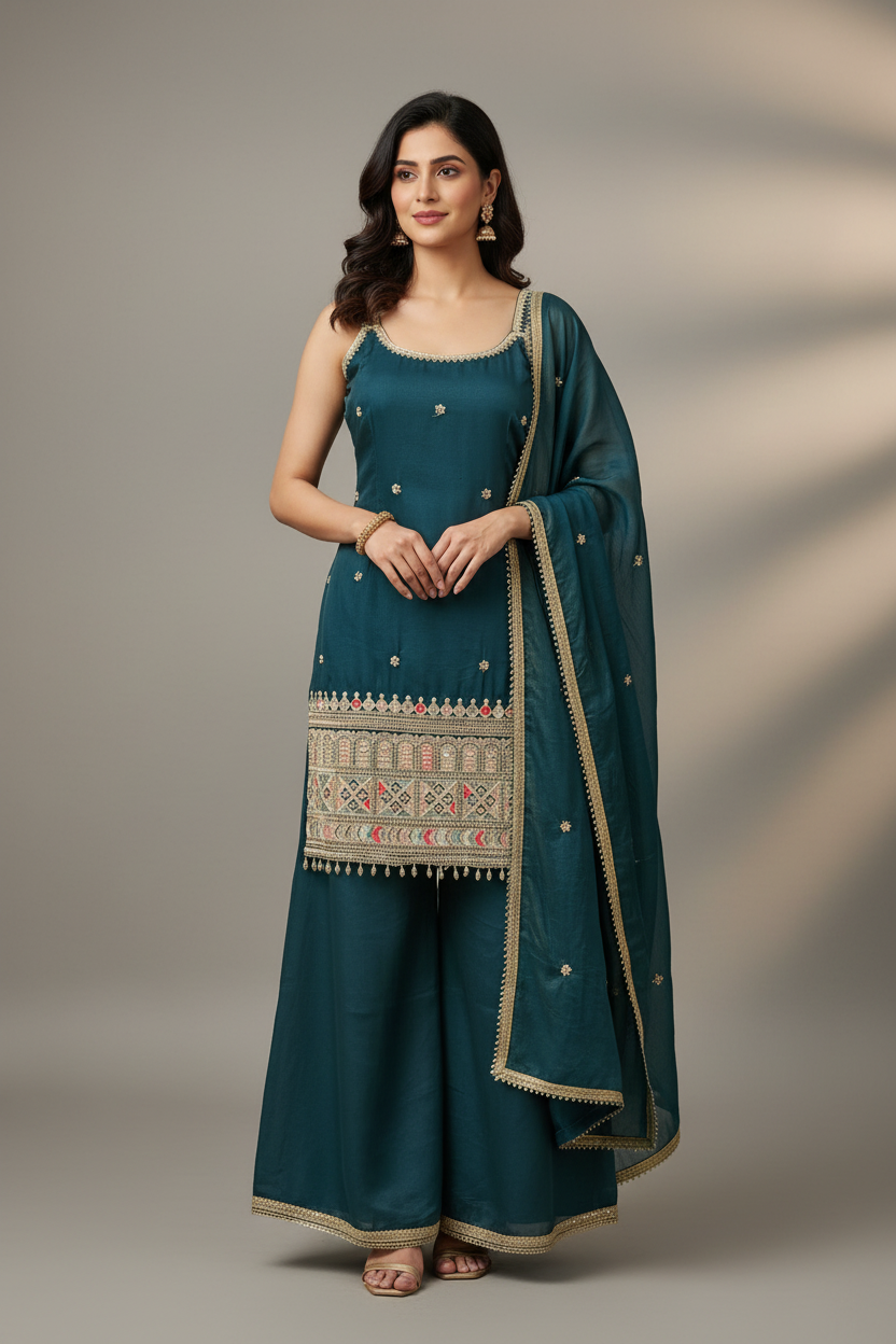 Sleeveless Tissue Sharara Set Size 40 - Party Wear with Embroidery