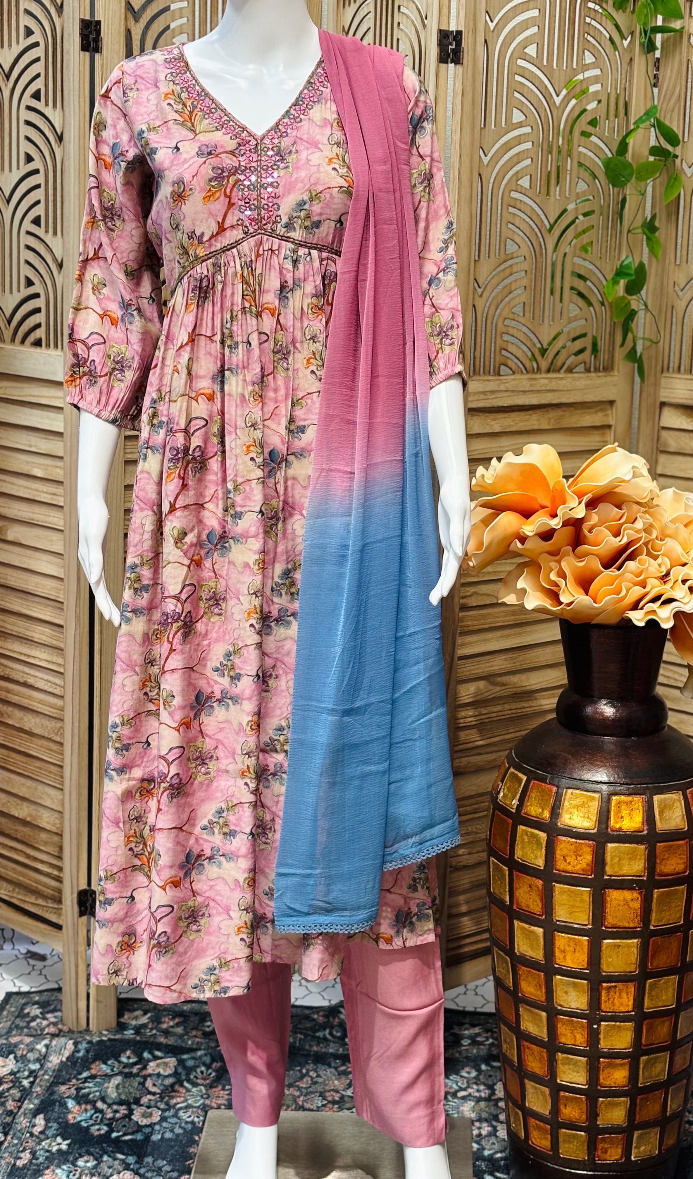 Size 40-Rayon -Floral Print Alia Cut Kurti Set