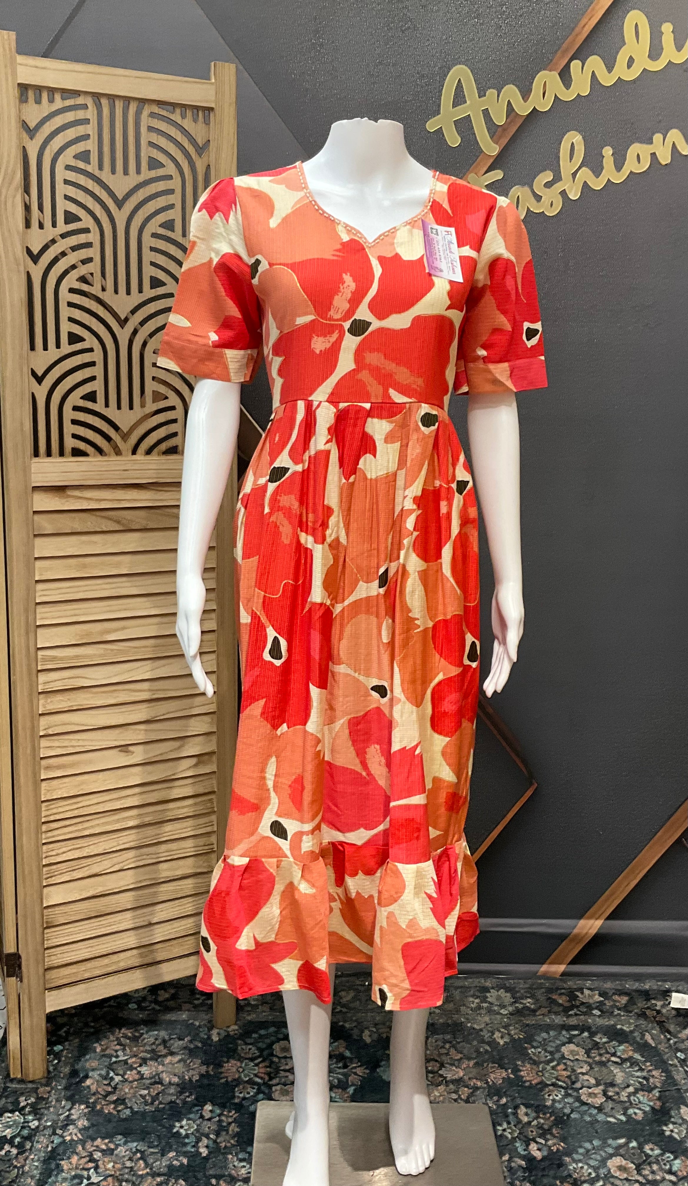 Orange - Patterned Long Dress/ Kurti