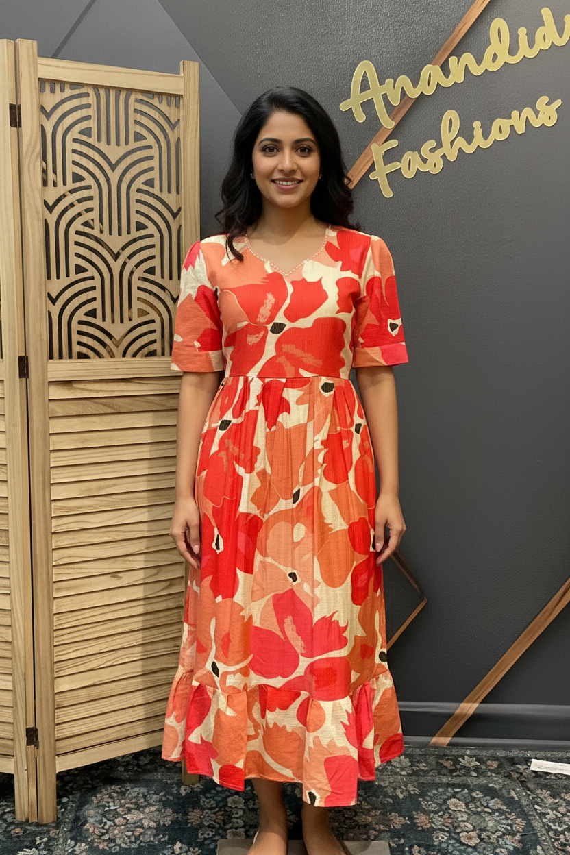 Orange Patterned Long Dress/ Kurti