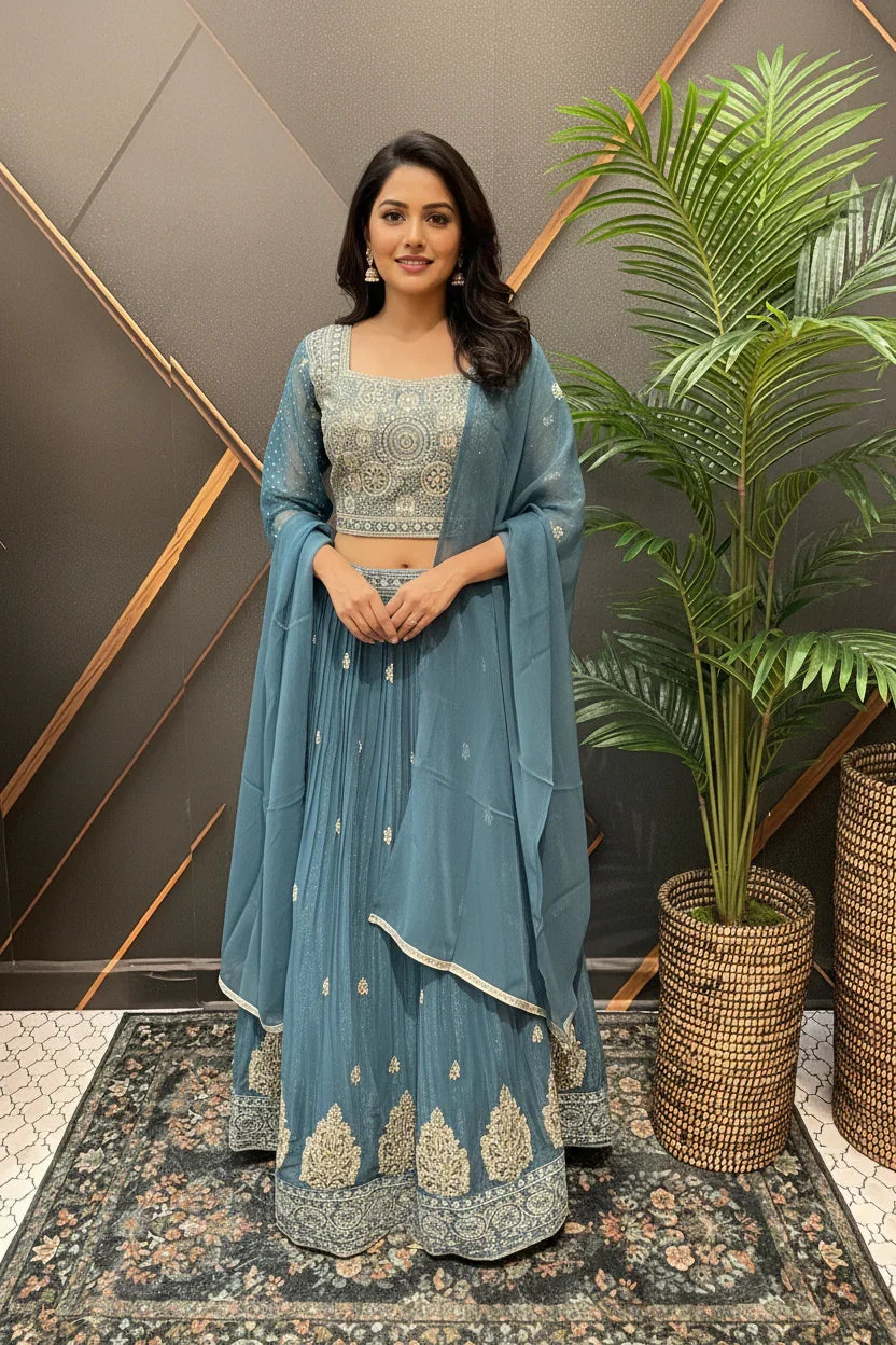 Woman in embroidered blue Indian lehenga, matching dupatta, standing indoors by decorative plant