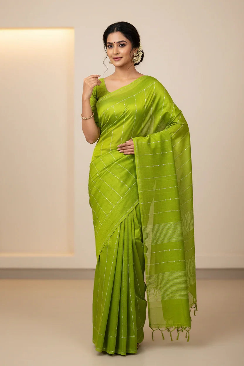 Woman wearing a bright green Indian saree with subtle silver stripes, posing in a neutral indoor setting