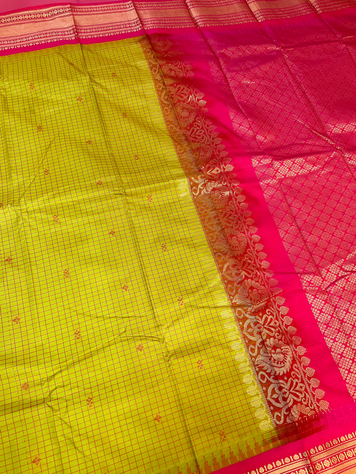 Parrot Green Checks - Semi Gadwal Silk Saree