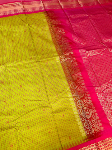 Parrot Green Checks - Semi Gadwal Silk Saree