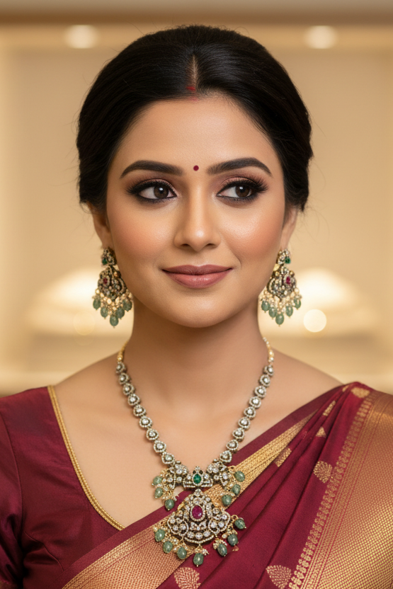 Close-up of a woman wearing a maroon ethnic saree with gold border and traditional gold and green jewelry, including earrings and necklace