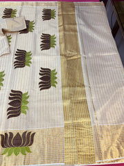 Lotus Embroidery Design Kerala saree with blouse