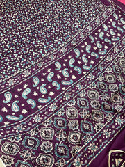 Wine Color Semi Modal Silk Ajrakh Saree with Prints