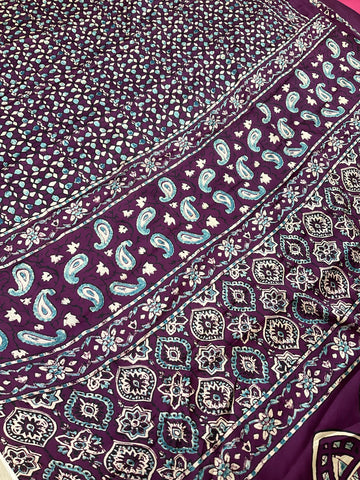 Wine Color Semi Modal Silk Ajrakh Saree with Prints