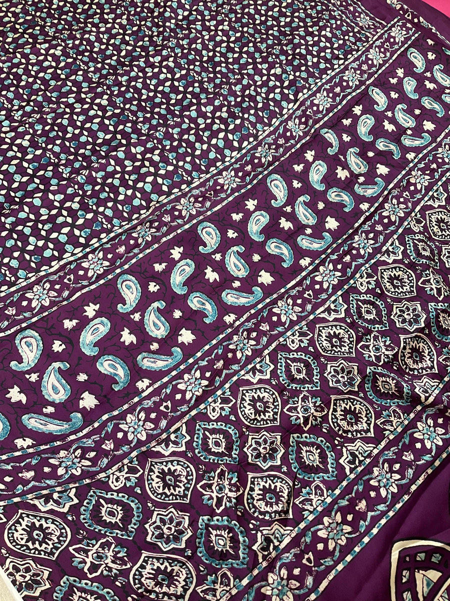 Wine Color Semi Modal Silk Ajrakh Saree with Prints