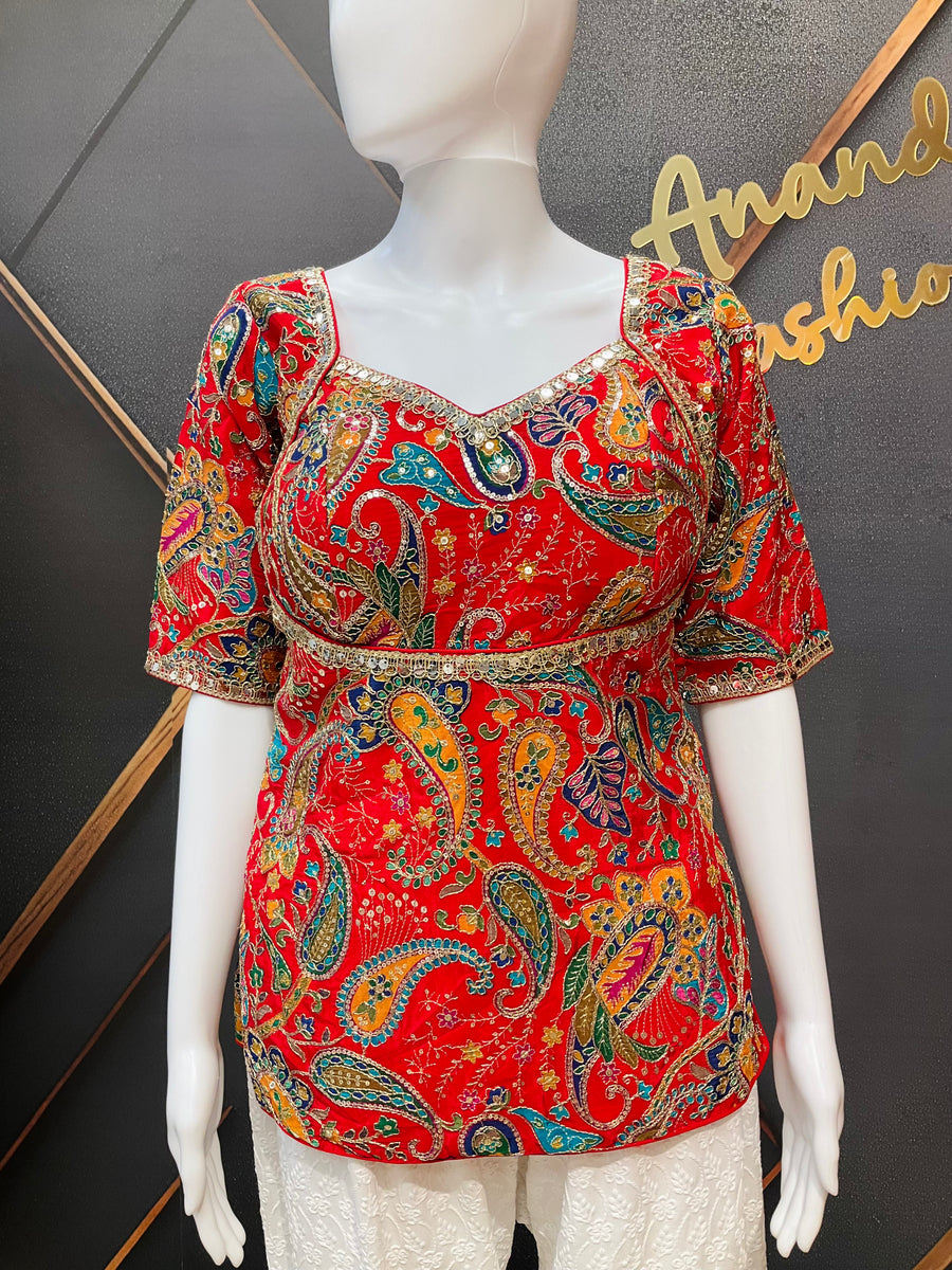 Red Georgette Embroidery Work Long Blouse