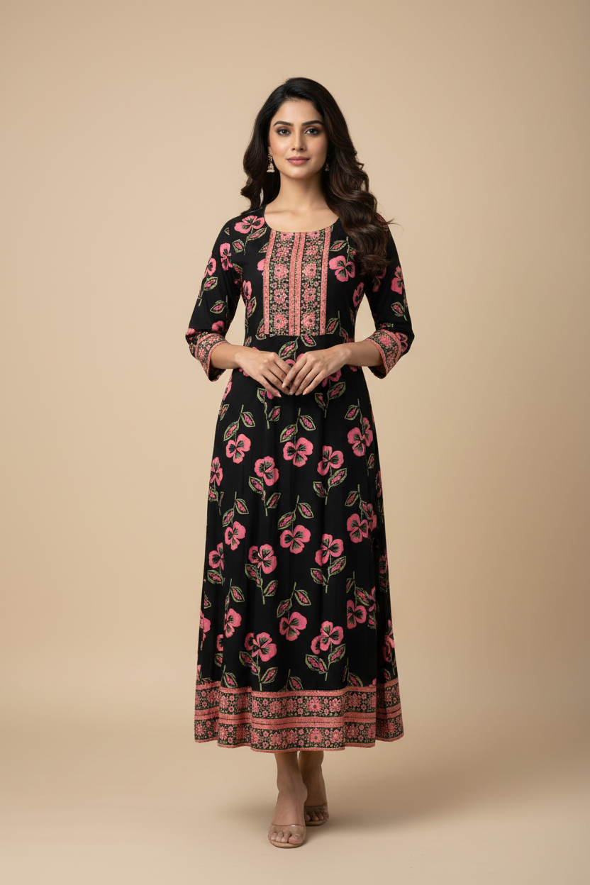 Women’s Pure Cotton Black Floral Long Kurti