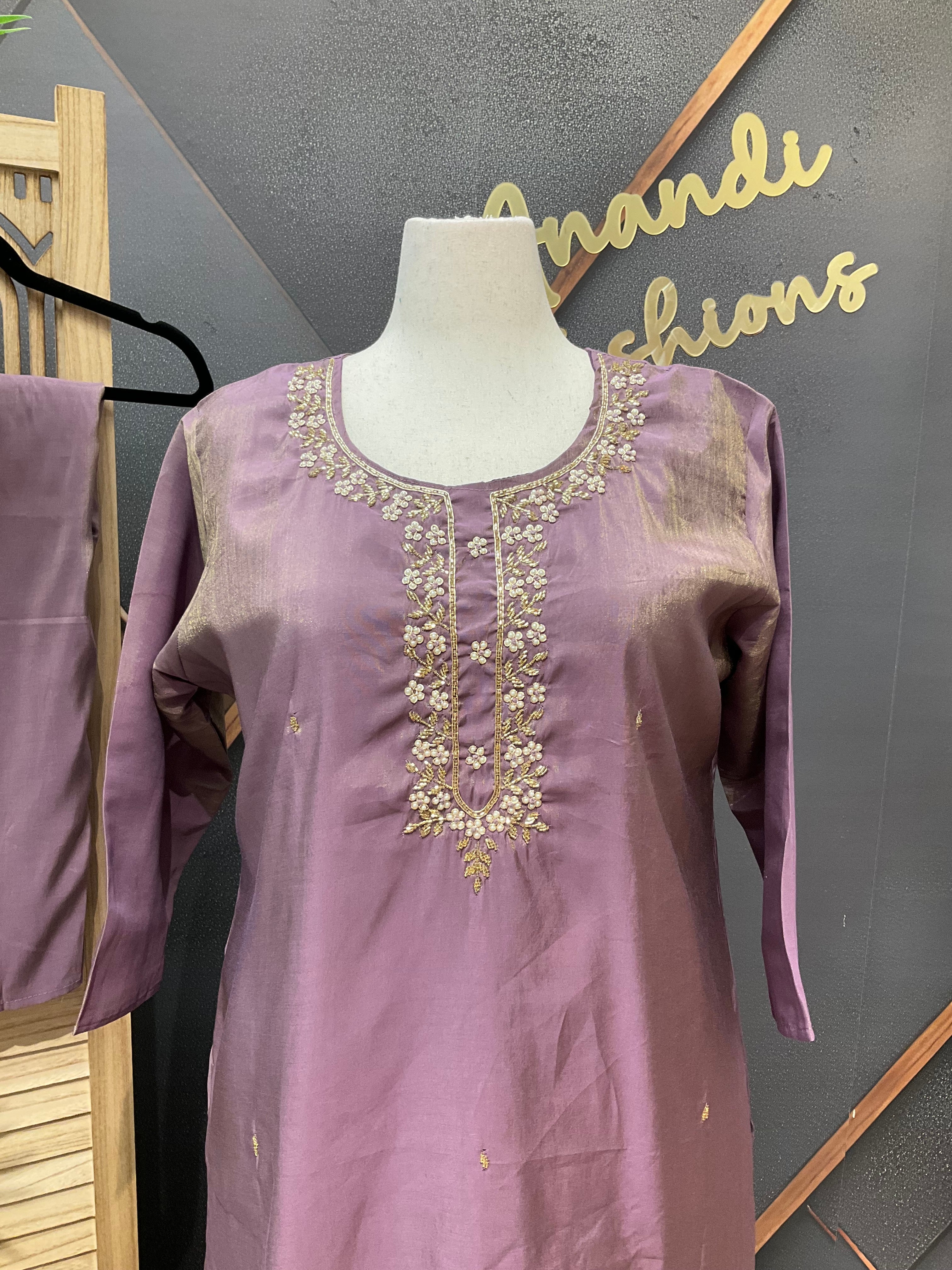 Plus Size - Lavender Shimmery Tissue Party Wear Kurti Set