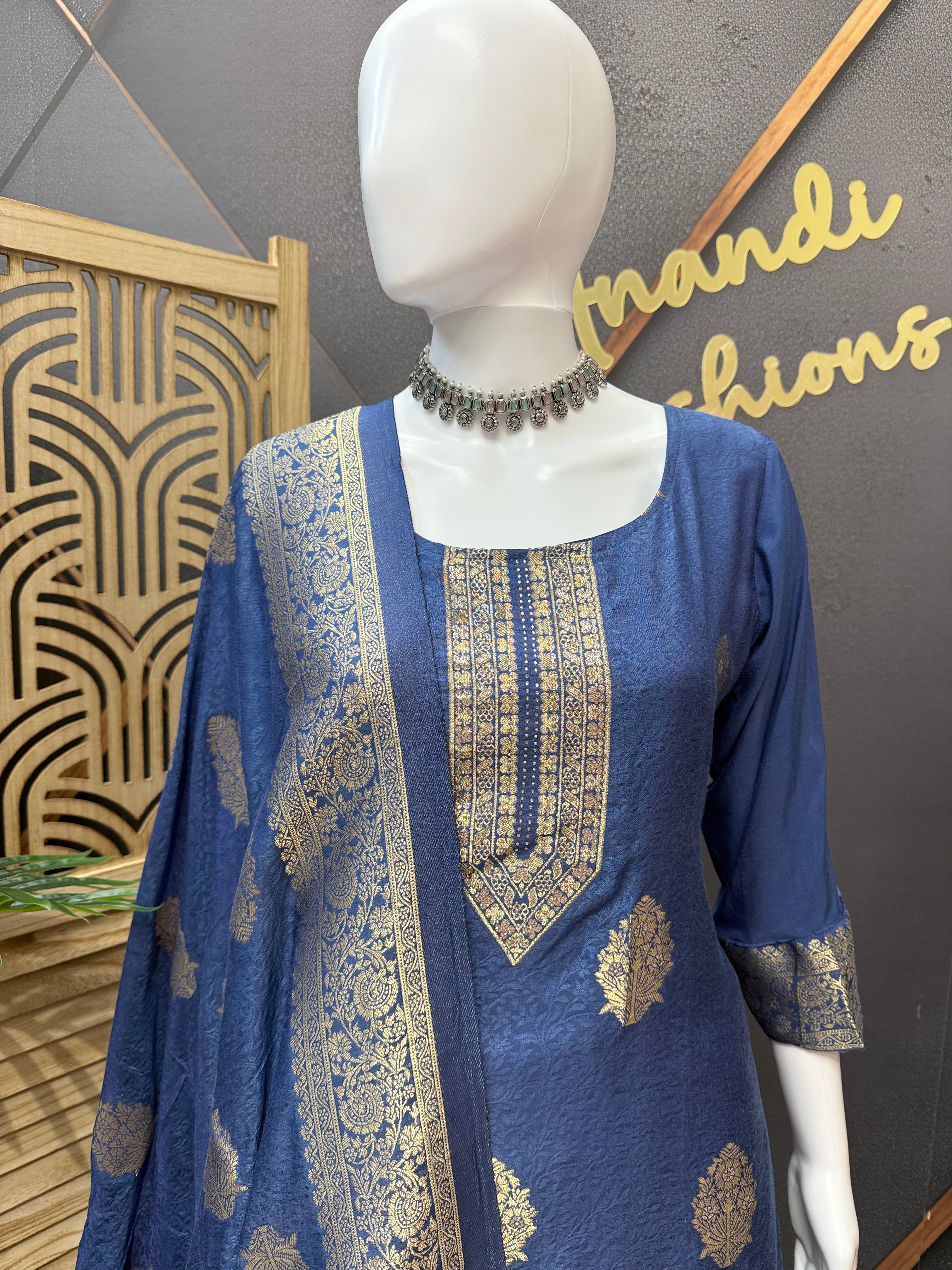 Blue Party Wear Benarasi Stlye kurti /Chudidhar set