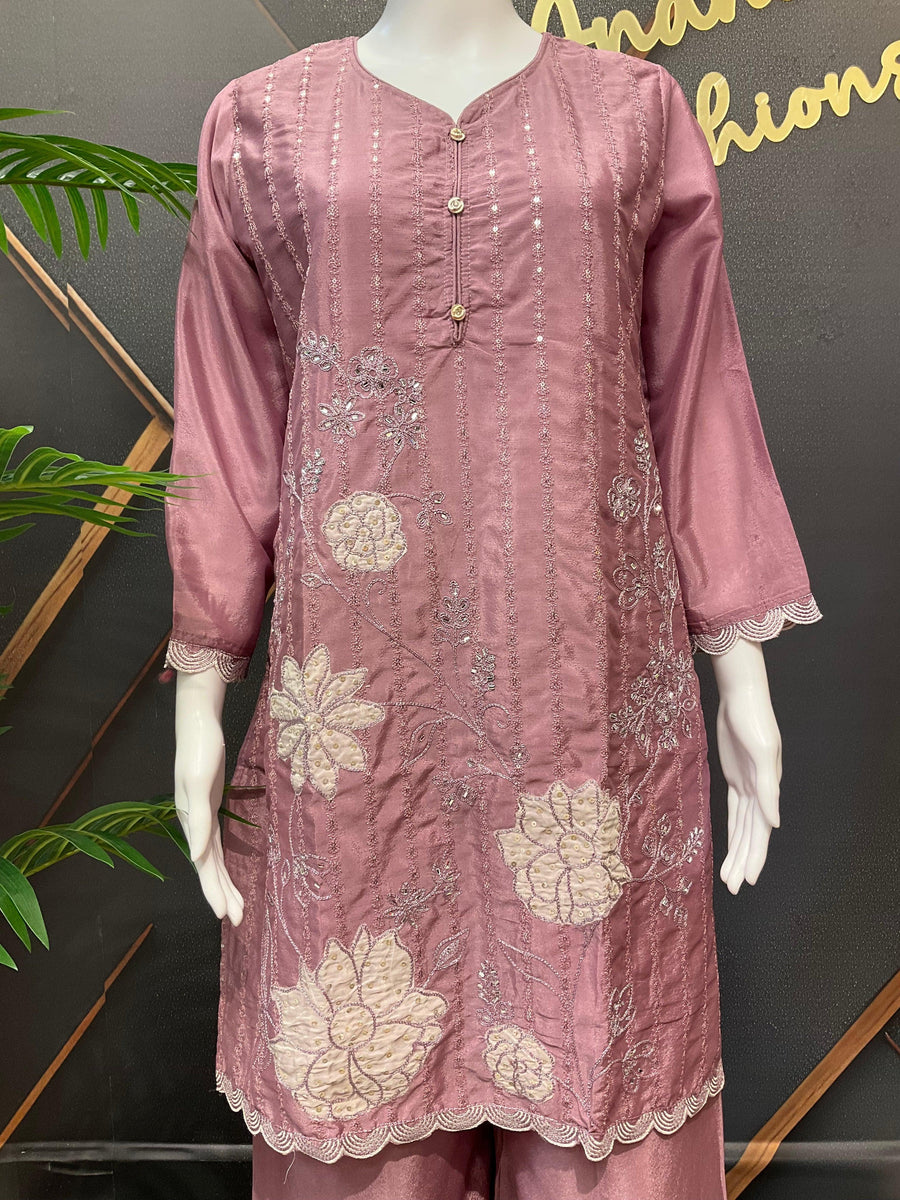 Party Wear Sharara Set with Patch Work - Satin Silk Embroidery